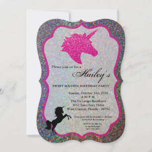 Glitter Rainbow Unicorn Sweet 16 Birthday Invite