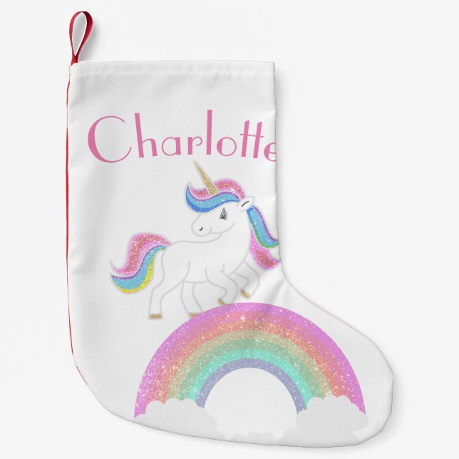 Glitter Rainbow Unicorn with Custom Name Small Christmas Stocking (Front)