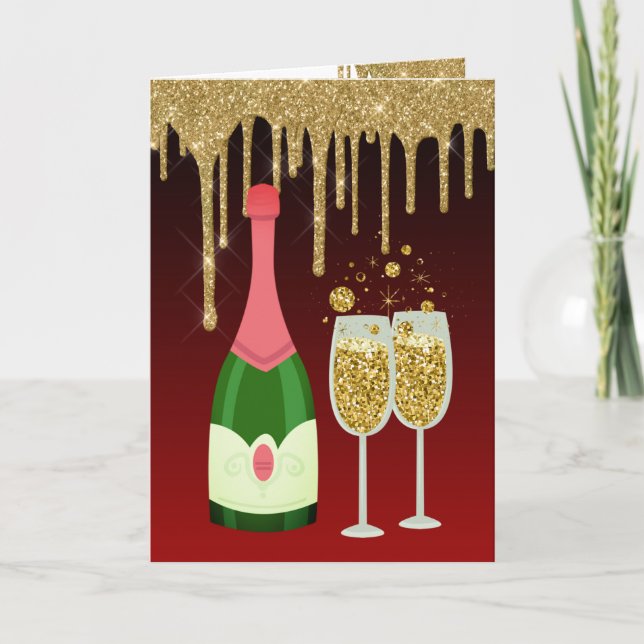 Glitter Red and Gold Champagne Christmas New Years Holiday Card (Front)