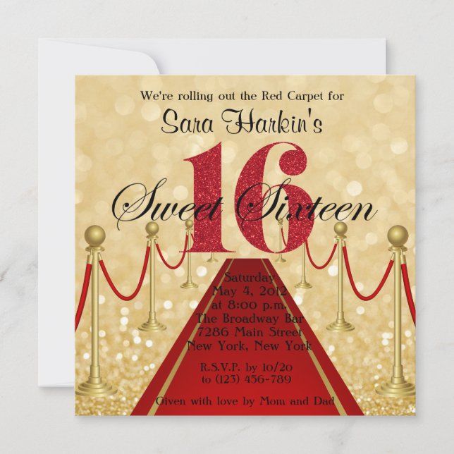 Glitter Red Carpet Hollywood Sweet 16 Invitation (Front)