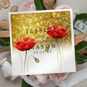 Glitter Red Flowers Wedding Cocktail Napkin