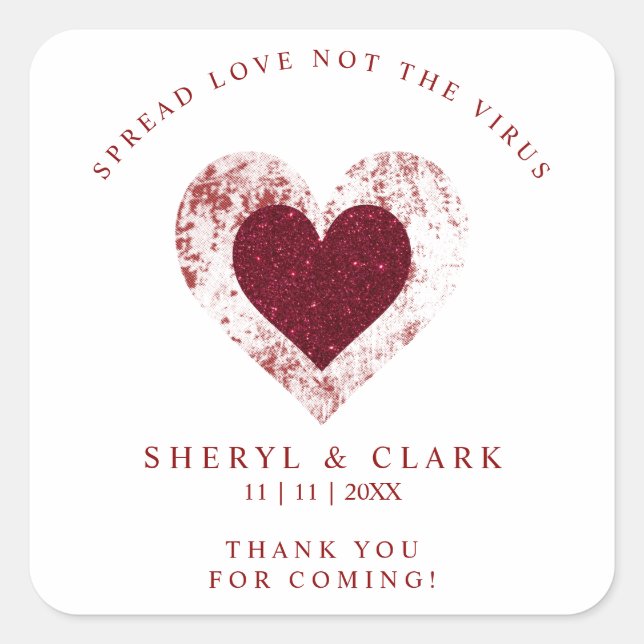 Glitter Red Heart Pandemic Wedding Spread Love Square Sticker (Front)