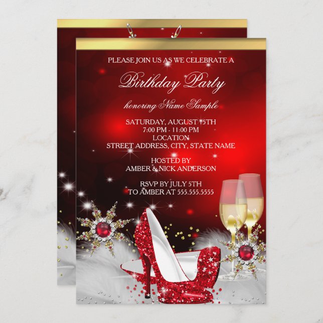Glitter Red High Heel Shoes Silver Gold Champagne Invitation (Front/Back)