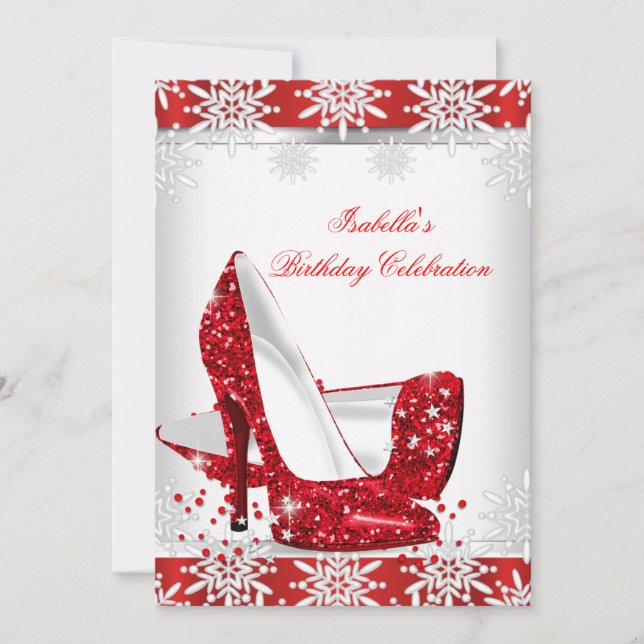 Glitter Red High Heels White Snowflakes Birthday Invitation (Front)