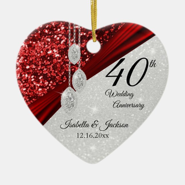 Glitter Red Ruby and Diamond 40th Anniversary 💕 Ceramic Tree Decoration (Front)
