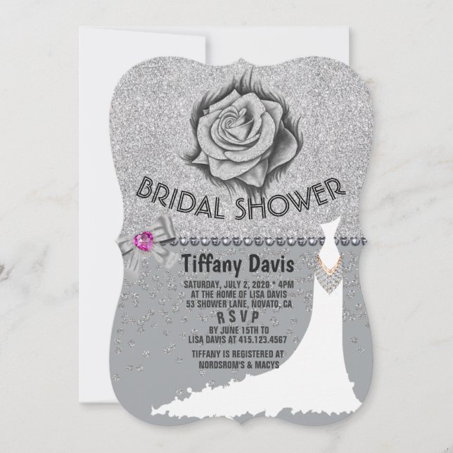 Glitter, Rose, Diamonds & Bow Bridal Shower Card (Front)