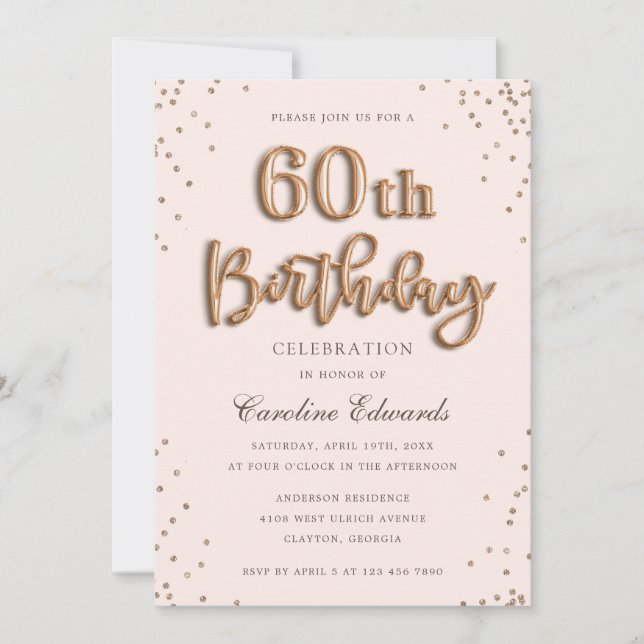 Glitter Rose Foil Balloons 60th Birthday Elegant Invitation (Front)