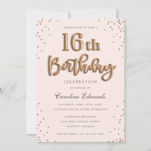 Glitter Rose Foil Balloons Sweet 16th Birthday Invitation (Front)