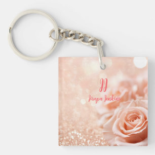Glitter Rose Gold Background and Rose Gold Roses  Key Ring