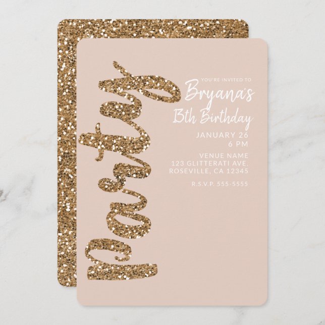 Glitter Rose Gold Blush ANY AGE Birthday Party Invitation (Front/Back)