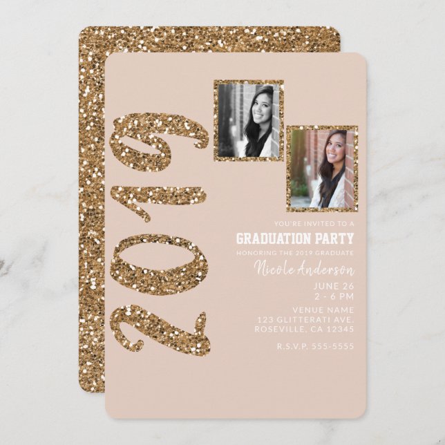 Glitter Rose Gold Blush Glam 2019 Graduation PHOTO Invitation (Front/Back)