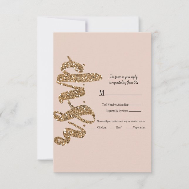 Glitter Rose Gold Blush Glam Wedding RSVP Reply Card (Front)