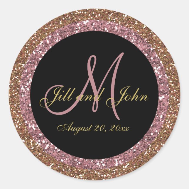 Glitter Rose Gold Champagne Wedding Monogram Classic Round Sticker (Front)
