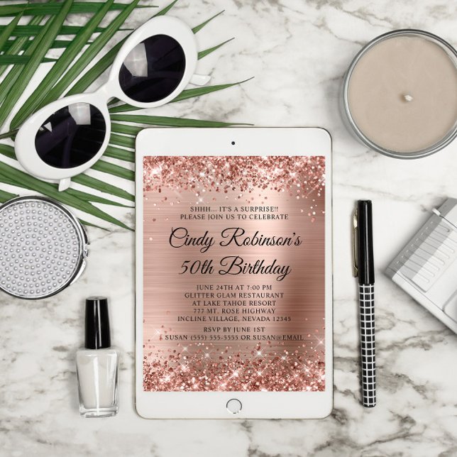 Glitter Rose Gold Foil Surprise 50th Birthday Invitation (Surprise 50th Birthday Downloadable Invite)