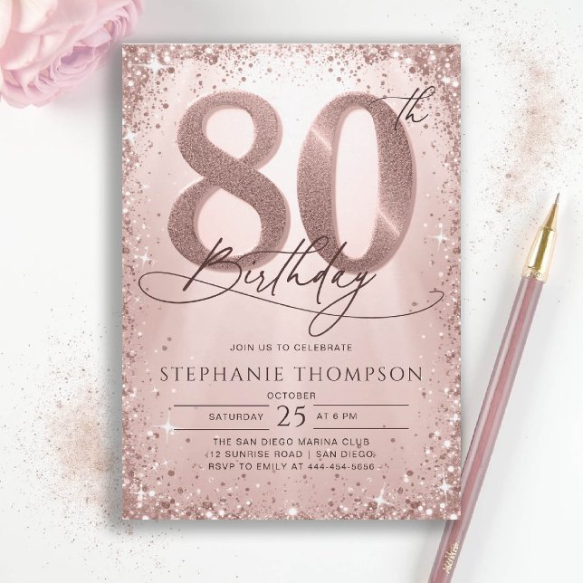 Glitter Rose Gold Glam Calligraphy 80th Birthday Invitation (80th birthday invitation for women her glitter sparkle rose gold elegant glam luxury calligraphy)