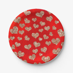 Glitter Rose Gold Hearts Confetti Red Vivid Copper Paper Plate