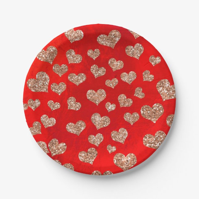 Glitter Rose Gold Hearts Confetti Red Vivid Copper Paper Plate (Front)