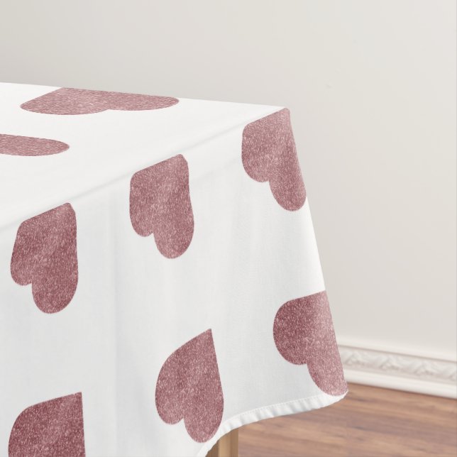 Glitter Rose Gold Hearts White Background Tablecloth (In Situ)