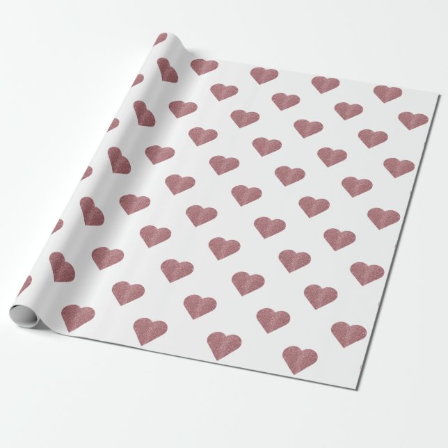 Glitter Rose Gold Hearts White Background Wrapping Paper (Unrolled)