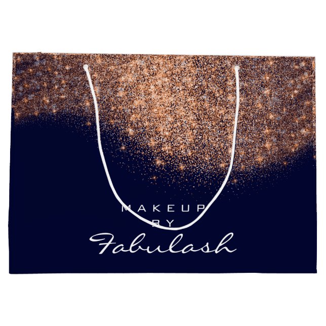 Glitter Rose Gold Name Blue Navy Bridal Copper Large Gift Bag (Back)