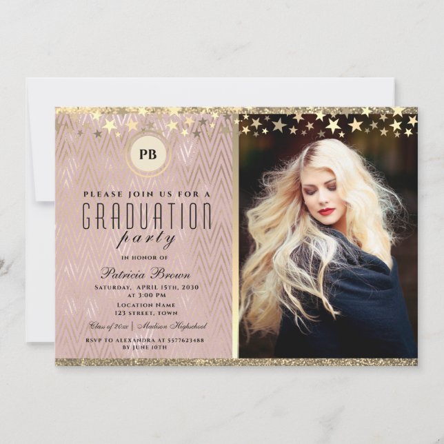 Glitter Rose Gold Photo Graduation Invitation (Front)