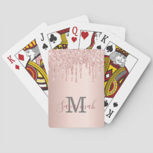 Glitter rose gold sparkle pink monogram script playing cards
