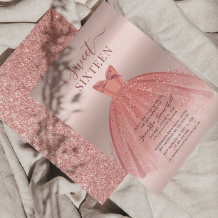 Glitter Rose Gold Sweet 16 Bday Party Invitation