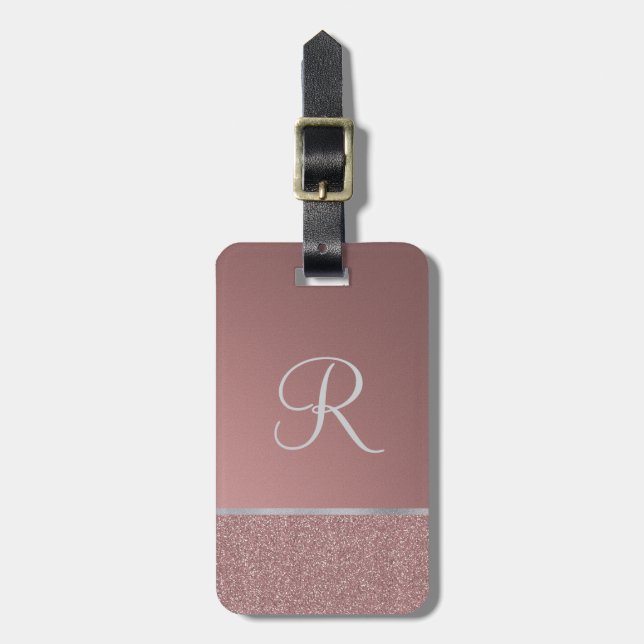 Glitter Rose Pink with Silver Monogram Luggage Tag (Front Vertical)