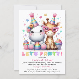 Glitter Safari Birthday party Cute Giraffe & Hippo Invitation