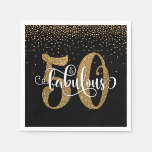 Glitter & Script 50 & Fabulous, Black Birthday Napkin