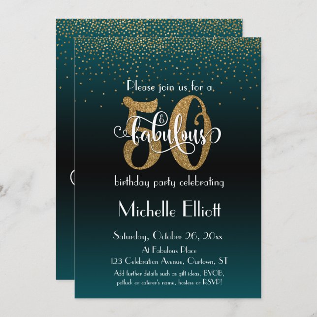 Glitter & Script 50 & Fabulous Black + Teal Ombre Invitation (Front/Back)