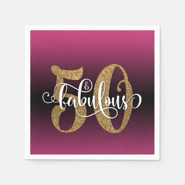 Glitter & Script 50 & Fabulous, Hot Pink Birthday Napkin (Front)