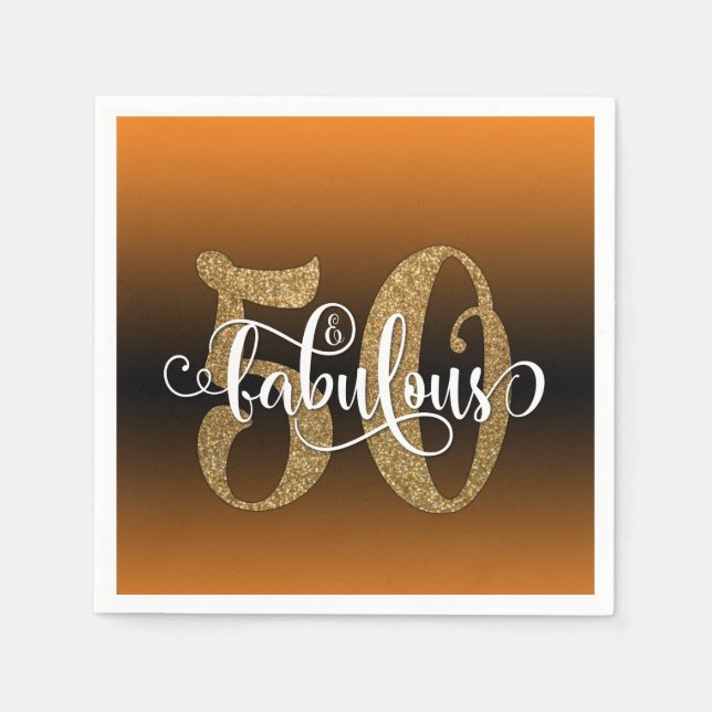 Glitter & Script 50 & Fabulous, Orange Birthday Napkin (Front)