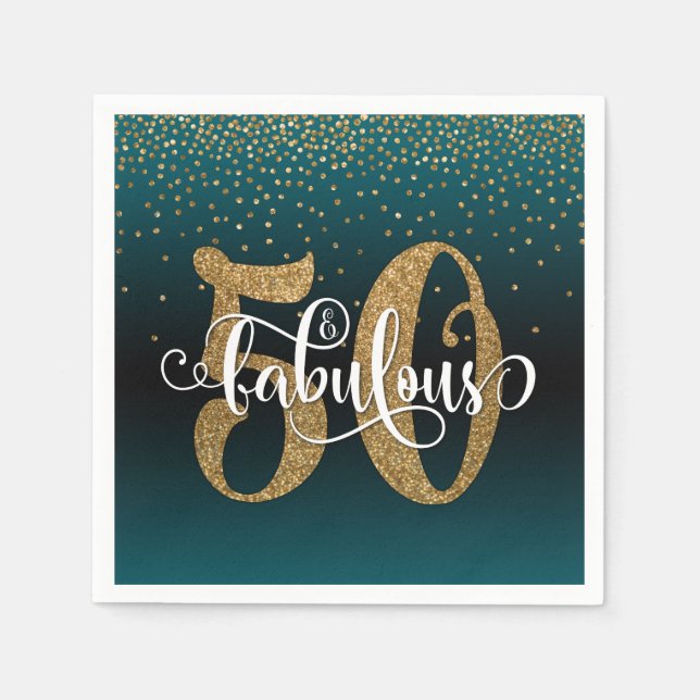 Glitter + Script 50 & Fabulous, Teal & Black Ombre Napkin (Front)