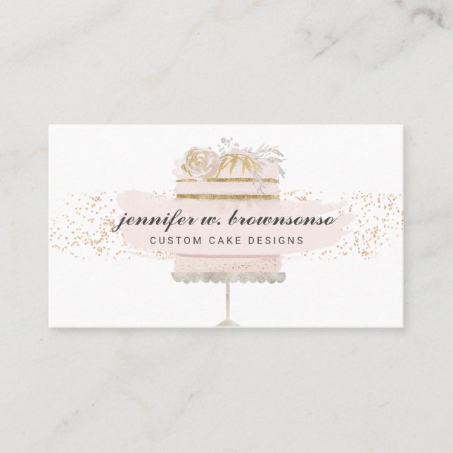 Glitter Script Cake Floral Bakery Patisserie Business Card (Front)