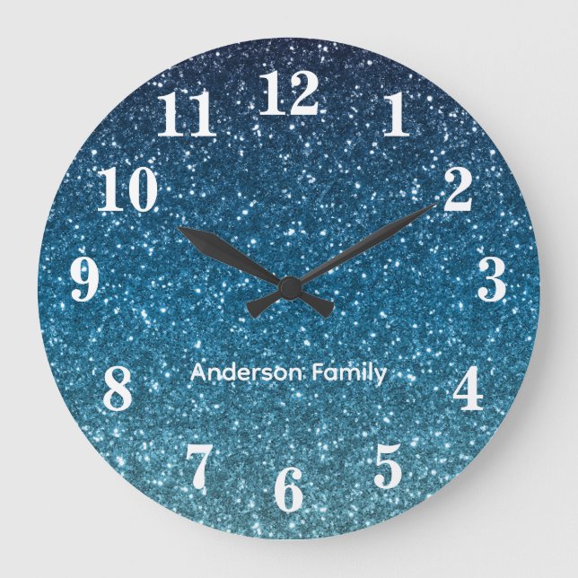 Glitter Seaside and Ocean Blue Gradient Personised Large Clock (Front)