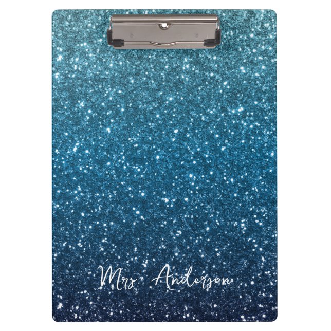 Glitter Seaside and Ocean Blue Gradient Teacher Clipboard (Front)