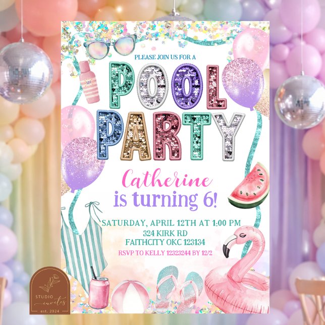 Glitter Sequin Pool Party Birthday invitation (Creator Uploaded)