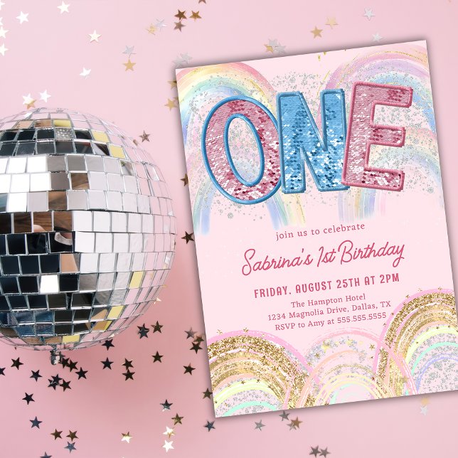Glitter Sequin Rainbow 1st Birthday Invitation (Creator Uploaded)