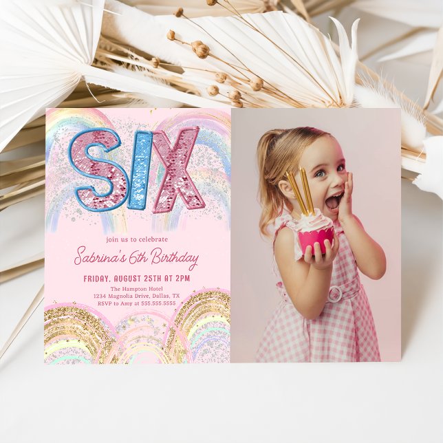 Glitter Sequin Rainbow 6th Birthday Photo Invitation (Creator Uploaded)