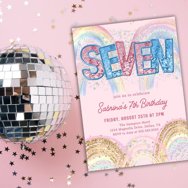 Glitter Sequin Rainbow 7th Birthday Invitation (Creator Uploaded)