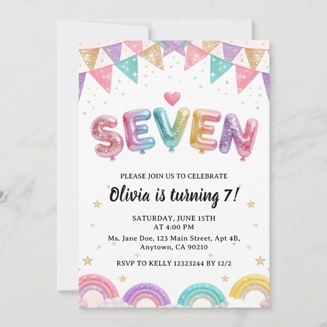 Glitter SEVEN Girly Rainbow Sequin 7th Birthday Invitation (Front)
