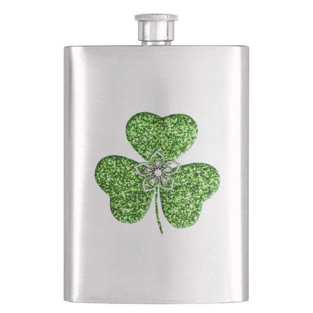 Glitter Shamrock And Flower Flask (Front)