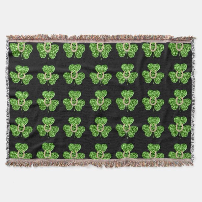 Glitter Shamrock And Horseshoe Throw Blanket (Front)