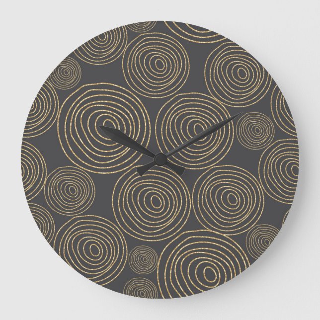 Glitter Shimmer Spiral, Gold Circles. Large Clock (Front)