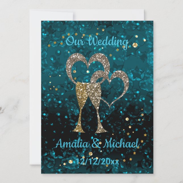 Glitter shine sequin glasses champagne hearts pers invitation (Front)