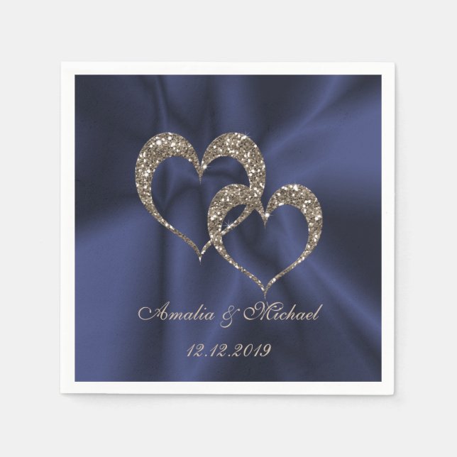 Glitter shine sequin two hearts wedding love perso napkin (Front)