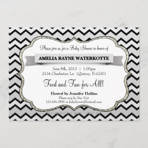 Glitter Silver and Black  Chevron Baby Shower Invitation