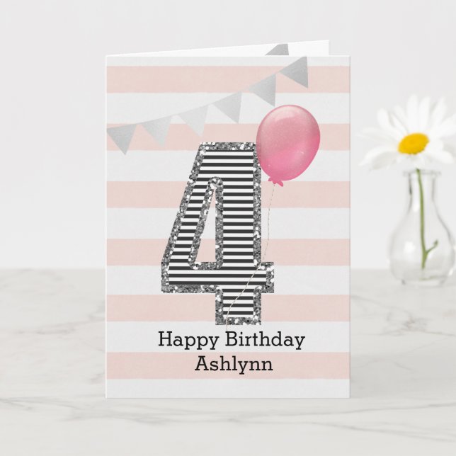 Glitter Silver and Pink 4th Birthday Card (Small Plant)
