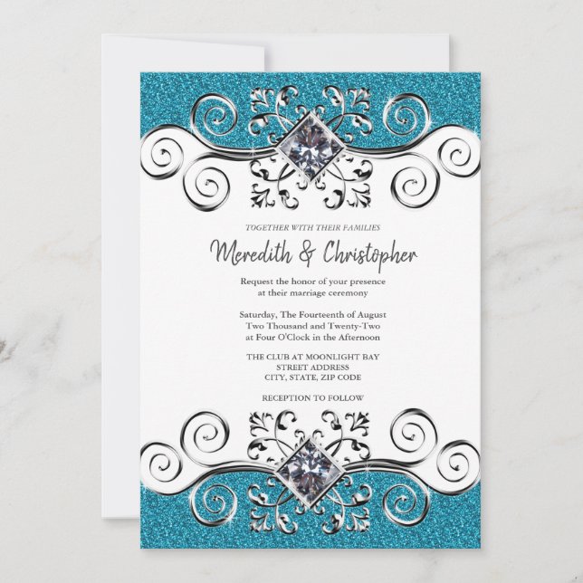 Glitter Silver Bling Teal Blue Wedding Invitation (Front)